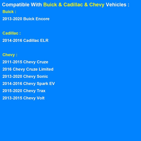 Blue banner listing coolant sensor compatibility: Buick Encore 2013–2020; Cadillac ELR 2014–2016; Chevy Cruze/Sonic/Trax/Volt 2011–2021.