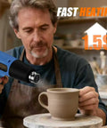 Man using Dual Temperature Heavy Duty Heat Gun with Four Pro Grade Nozzles for crafting pottery, emphasizing fast heating in 1.5 seconds.