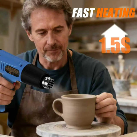 Man using Dual Temperature Heavy Duty Heat Gun with Four Pro Grade Nozzles for crafting pottery, emphasizing fast heating in 1.5 seconds.