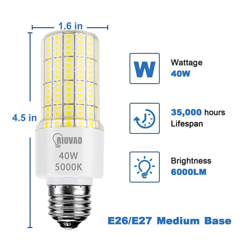 Ultra Bright 40W Equivalent LED Bulbs With 5000 Lumen 5000K Cool Daylight E26 E27 Base 360 Degree Beam High CRI Energy Saving For Outdoor And Indoor Use Waterproof Corn Light 2 Pack
