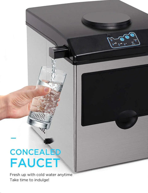 Top Shelf Electric Ice Cube Maker Machine With Integrated Water Dispenser pouring water into a glass from concealed faucet.