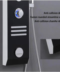 Ultra Slick Wall Mounted Bathroom Shower System Featuring Handheld Sprayer Led Ambient Light Four Position Wand Adjustments Breeze Setup Elevated Bath Vibes Premium White Finish close-up of anti-collision design and control panel.