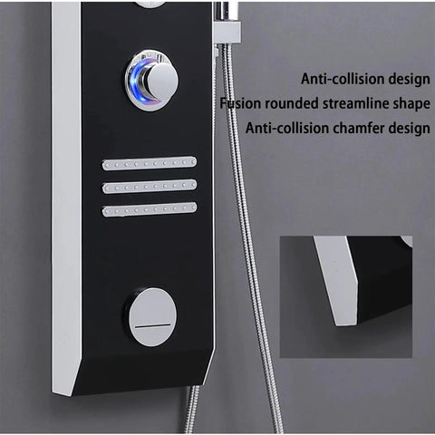 Ultra Slick Wall Mounted Bathroom Shower System Featuring Handheld Sprayer Led Ambient Light Four Position Wand Adjustments Breeze Setup Elevated Bath Vibes Premium White Finish close-up of anti-collision design and control panel.