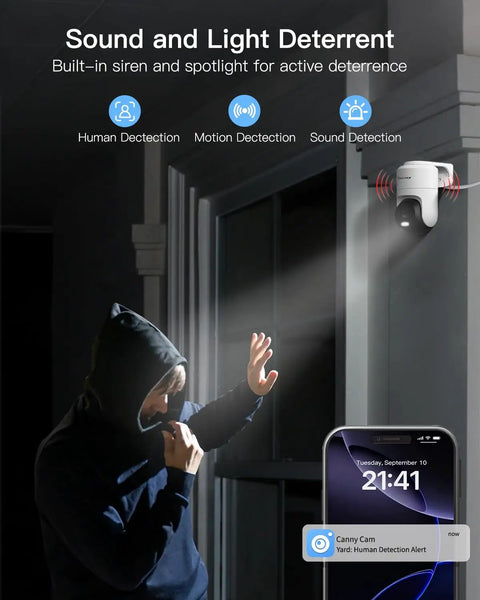 Pan Tilt Outdoor Security Camera With 2.5K Clarity mounted on exterior wall, illuminating intruder with spotlight, app alert visible.