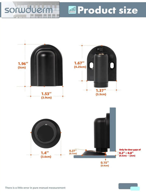 Matte Black Magnetic Door Stopper Holds Interior Doors Firmly Open Heavy Duty Floor Mounted Catch with size details and measurements.