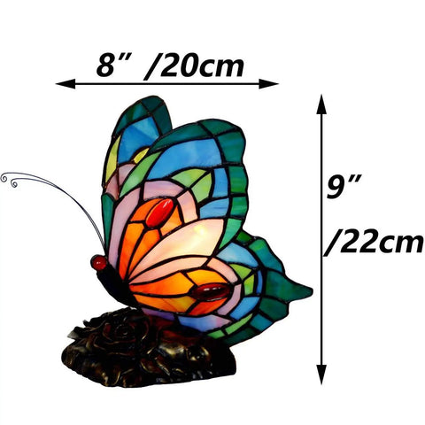 Butterfly Tiffany Style Stained Glass Accent Table Lamp Night Light Multicolored Warm White LED Included In Line Switch 8 Inches Wide 9 Inches Tall Perfect for Living Room Bedroom Decor