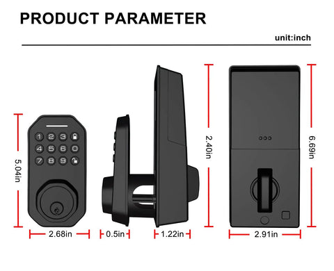 Dimensions of Keyless Entry Door Lock Electronic Keypad Deadbolt With Auto Lock One Touch Locking 50 Custom User Codes shown