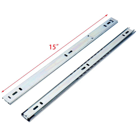 Built Tough 15 Inch Side Mount Cabinet Drawer Slides Featuring Steel Ball Bearings, showing smooth gliding tracks for upgrades.