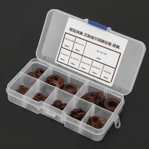 8 Types Belleville Compression Spring Disc Washer in plastic box, assorted brown steel sizes for clutches and valves