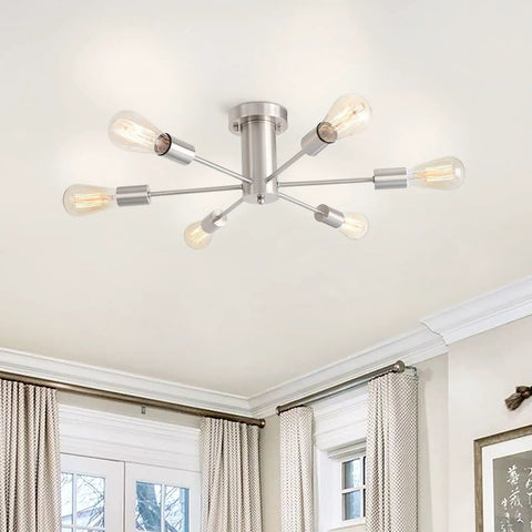 Dope Six Light Sputnik Style Ceiling Fixture In Brushed Nickel Finish Mounted on Ceiling in Room Interior