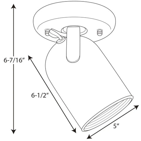 Diagram of One-Light Roundback Track Lighting Fixture with Adjustable Head for Indoor Ceiling and Wall Sconce, dimensions labeled.
