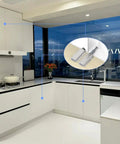 Modern kitchen with Push To Open Cabinet Latch Set 12 Pack Magnetic Touch Latches for sleek handle-free cabinets and drawers.