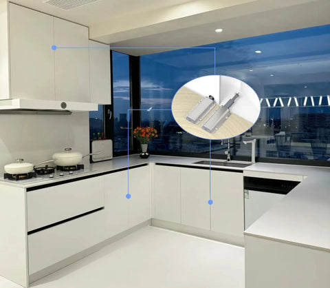Modern kitchen with Push To Open Cabinet Latch Set 12 Pack Magnetic Touch Latches for sleek handle-free cabinets and drawers.