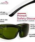 Built Tough Kickass IR3 Welding Safety Glasses With Anti Fog And Anti Scratch Wrap Around Lenses UV Shield Flexible Fit ANSI Z87 Certified Smooth Vision For Daily Grind Case Of 144 Units, showing green-tinted polycarbonate lenses with built-in side shields.