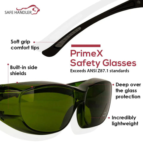 Built Tough Kickass IR3 Welding Safety Glasses With Anti Fog And Anti Scratch Wrap Around Lenses UV Shield Flexible Fit ANSI Z87 Certified Smooth Vision For Daily Grind Case Of 144 Units, showing green-tinted polycarbonate lenses with built-in side shields.
