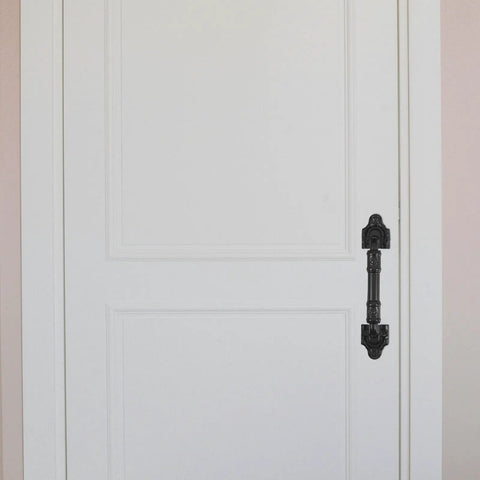 White door with 2 Pack Black Iron Barn Door Handles For Garages And Cabinets - No Drilling Required, modern design handle