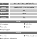 Specifications chart for Inline Skate Wheels 64mm 70mm 72mm 76mm 80mm Set With ABEC 9 Bearings For Indoor And Outdoor Use 8 Pack 85A Durometer 24mm Thick Durable Replacement Wheels For Roller Hockey And Skates showing size, material, and fit details.