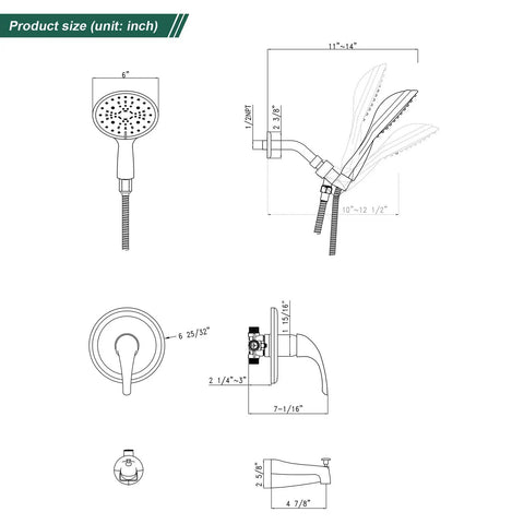 Diagram of All In One Shower Faucet Set With Tub Spout And Chrome Trim Kit Pressure Balanced Valve Dual Function 5 Spray Touch Clean Handheld Shower Head Polished Chrome Finish with dimensions.