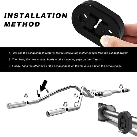 Installation guide for Two Pack Car Exhaust Hanger Rubber Mounts With 0.47 Inch Insulator Bushing showing step-by-step process.