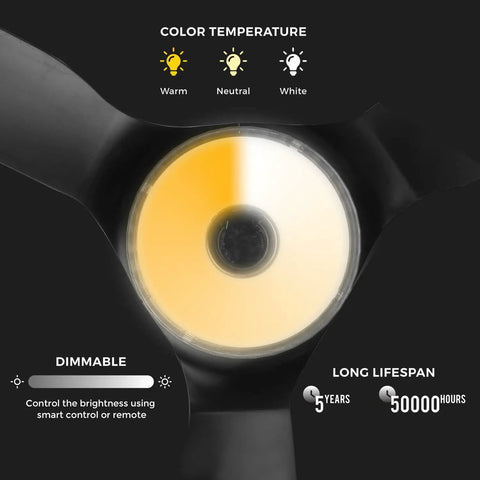 Modern Indoor Outdoor Smart Ceiling Fan 56 Inch Black With Remote, color temperature options and dimmable LED features