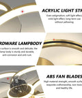 Acrylic light strip, hardware lamp body, and ABS fan blades details of Dimmable Speed Adjustable Ceiling Fan With Light And Remote Control Acrylic Modern Smart Fan Light 60W Luxury Gold Finish Energy Saving Quiet Air Circulation For Living Room Or Bedroom.