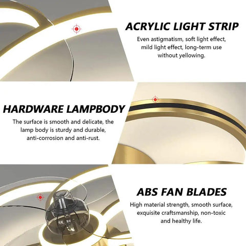 Acrylic light strip, hardware lamp body, and ABS fan blades details of Dimmable Speed Adjustable Ceiling Fan With Light And Remote Control Acrylic Modern Smart Fan Light 60W Luxury Gold Finish Energy Saving Quiet Air Circulation For Living Room Or Bedroom.