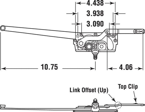 Diagram of Dual Arm Left Hand Casement Window Operator With Stud Bracket Replacement Part For Easy Window Repair And Smooth Almost Effortless Crank Action EntryGard Style Perfect For Fixing Broken Windows In Single Pack showing measurements and components.