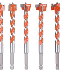 Blast Through Solid Wood Without BreakingASweat With This Knockout Forstner Drill Bit Set Featuring Five Extended Metric Cutters Ranging From Sixteen To Twenty Five Mm With Toughened Tungsten Carbide Construction And An Extra Durable Quarter Inch Hex, showing five precision drill bits.