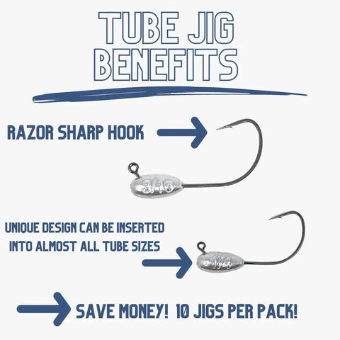 Beefy Lead Tube Jig Heads For Bass Fishing One Quarter Ounce with razor sharp hook and durable lead construction benefits display