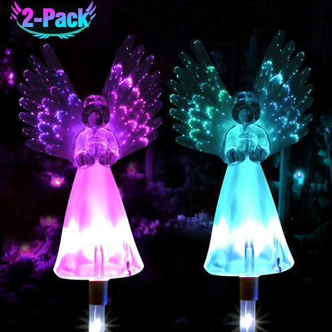 Solar Angel Lights Outdoor Decor Set Of 2 With Fiber Optic Wings Color Changing LED Beads glowing in night garden