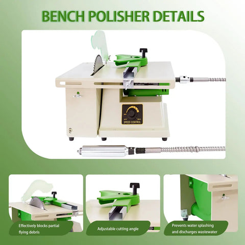 Heavy Duty 1380W Lapidary Saw Kit With Water-Cooled Table showcasing bench polisher details and adjustable cutting angle features