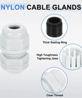 Three Piece NPT 1/4 Inch Nylon Cable Glands Waterproof Cord Grip Connectors Set With Gaskets And Locknuts For Junction Boxes