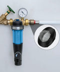 Zoomed view of 25 Pcs Stainless Steel Water Filter Hose Washers installed in a garden hose connector system with pressure gauge.