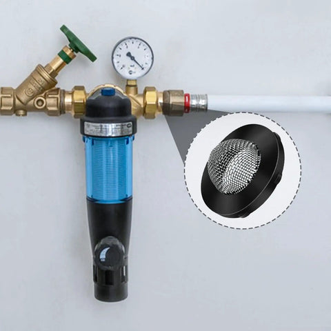 Zoomed view of 25 Pcs Stainless Steel Water Filter Hose Washers installed in a garden hose connector system with pressure gauge.