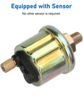 Side view of automotive oil pressure sensor with metal housing, threaded ports and black seal