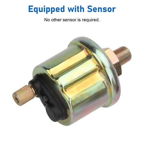 Side view of automotive oil pressure sensor with metal housing, threaded ports and black seal