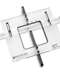 Top Shelf Hinge Mortising Jig Kit For Cabinets And Doors With Clear Acrylic Guide, showing clear jig with precise cut for router work.