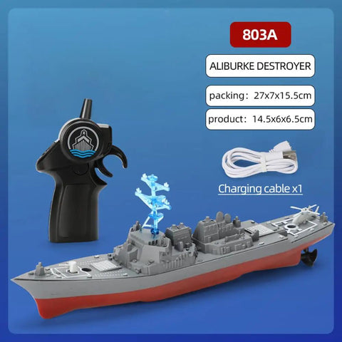 Remote Control Warship RC Battleship 2.4GHz Boat For Lakes And Rivers Dope Armed Arleigh Burke Class Destroyer Model With Low Battery Reminder Realistic Detailing Easy Steering Durable Waterproof Hull For Adults showing remote and charging cable