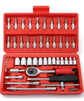 All In One 46 Pieces Quarter Inch Drive Ratchet Socket Set With Quick Release And Metric Bit Sockets in red case, open view