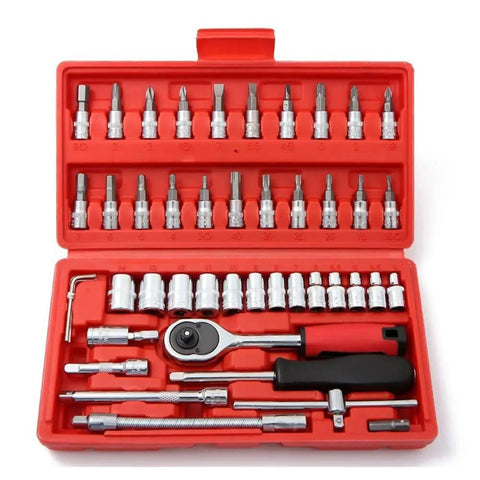 All In One 46 Pieces Quarter Inch Drive Ratchet Socket Set With Quick Release And Metric Bit Sockets in red case, open view