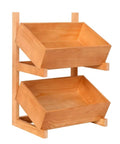 Straight Up Solid Wood Two Tier Storage Shelf With Angled Trays, Warm Brown floor stand organizer features slanted trays.
