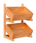 Solid Wood Two Tier Storage Shelf With Smooth Tilt Trays Warm Brown Finish Compact Floor Rack For Books And Gear, 51cm high, 34.5cm wide.