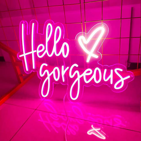 Neon Sign Wall Art Light for Bedroom Bar Pub Club Rave Decor 60x37cm, "Hello Gorgeous" pink sign on grid backdrop.