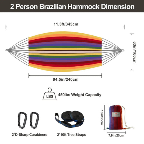 Diagram showing dimensions of Brazilian Double Hammock For Two People With Tree Straps, Extra Large 240x160 Cm, 450 lb weight capacity.