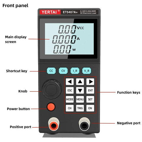 Electronic Load Tester ET5407A Plus 200W 30A 180V Single Channel Programmable Power Sink With 1mV to 10mV and 1mA to 10mA High Resolution LCD Backlit Display USB Remote PC Control Gray front panel with screen, knob, and ports