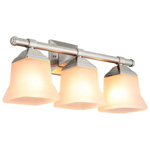 20 Inch Sleek Dope Modern Square Bell Vanity Light Fixture For Bathroom Wall Mount Brushed Nickel Finish Three Light Frosted Glass Shade