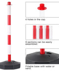2 Pack Traffic Delineator Post Cones With Fillable Base, red and white pole, removable sections, fillable base, close-up details.