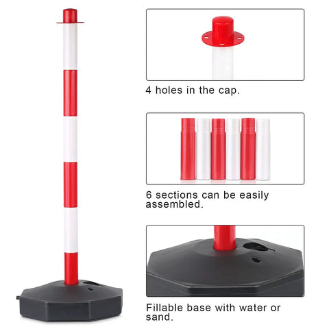 2 Pack Traffic Delineator Post Cones With Fillable Base, red and white pole, removable sections, fillable base, close-up details.