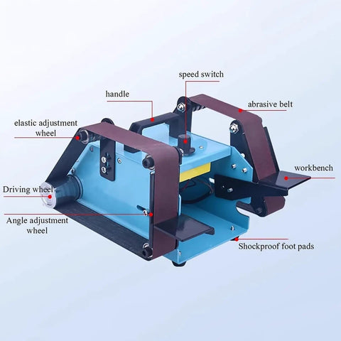 UILMLIO 950W Mini Electric Belt Sander Benchtop Grinder with adjustable speed, dual head design, labeled components for workshop use.