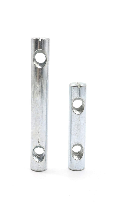 Six Pcs Dual Hole Barrel Nuts M8 Cross Dowels Slotted Nuts Kit For Furniture Assembly M8x60mm and M8x90mm metal dowels shown